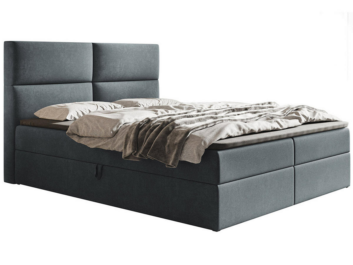 BOXBETT Bonio III 140/200 cm in Grau – mit Bettkasten und Topper - Schwarz/Grau, Holz/Holzwerkstoff (140/200cm) - AX Living