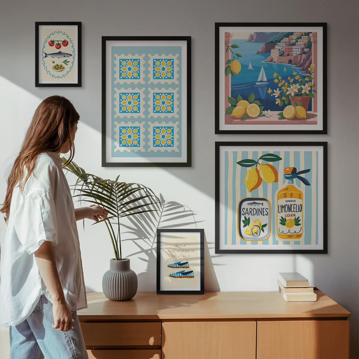 BILDER SET 5er Set - 50x50 cm & 20x30 cm & 40x60 cm Schwarzer Rahmen - Illustrationen der mediterranen Küche - Schwarz, Kunststoff (40/60cm) - TULUP