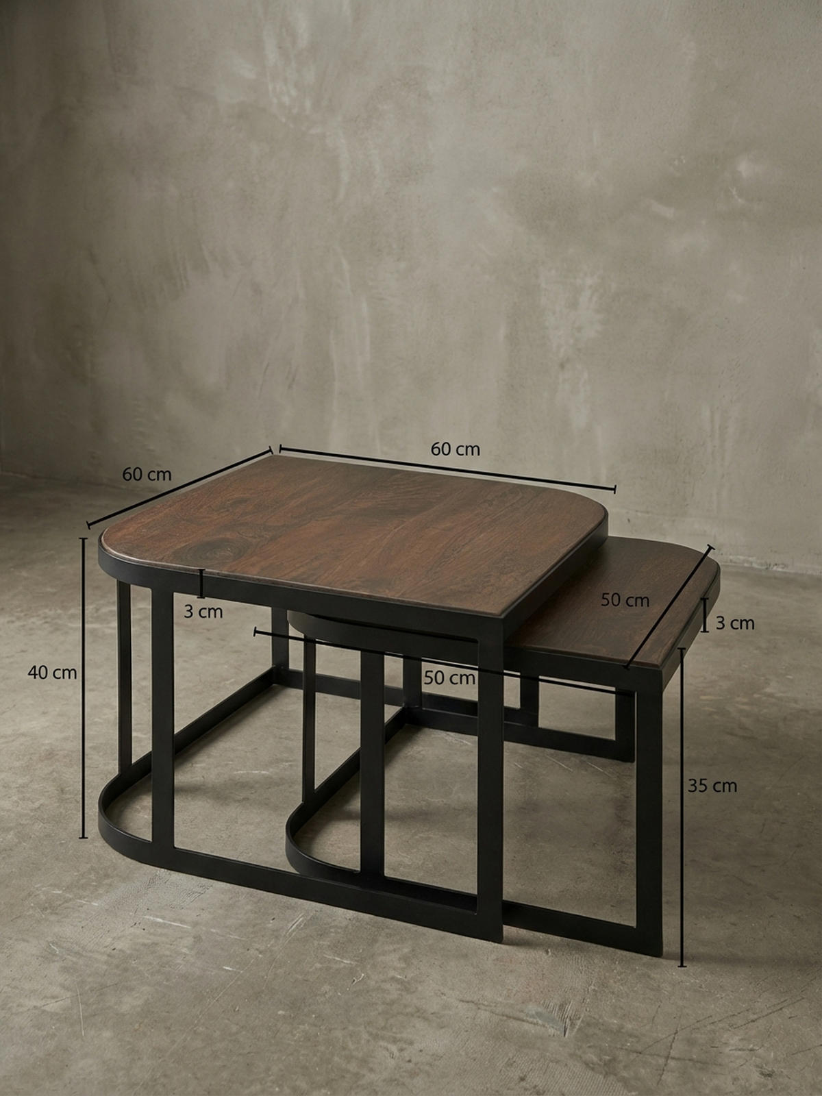 BEISTELLTISCH 2er Set Mango Massivholz Eisen Abgerundete Ecken TIMAVO, Schwarz - Schwarz, Holz/Metall (60/60/40cm) - KADIMA DESIGN