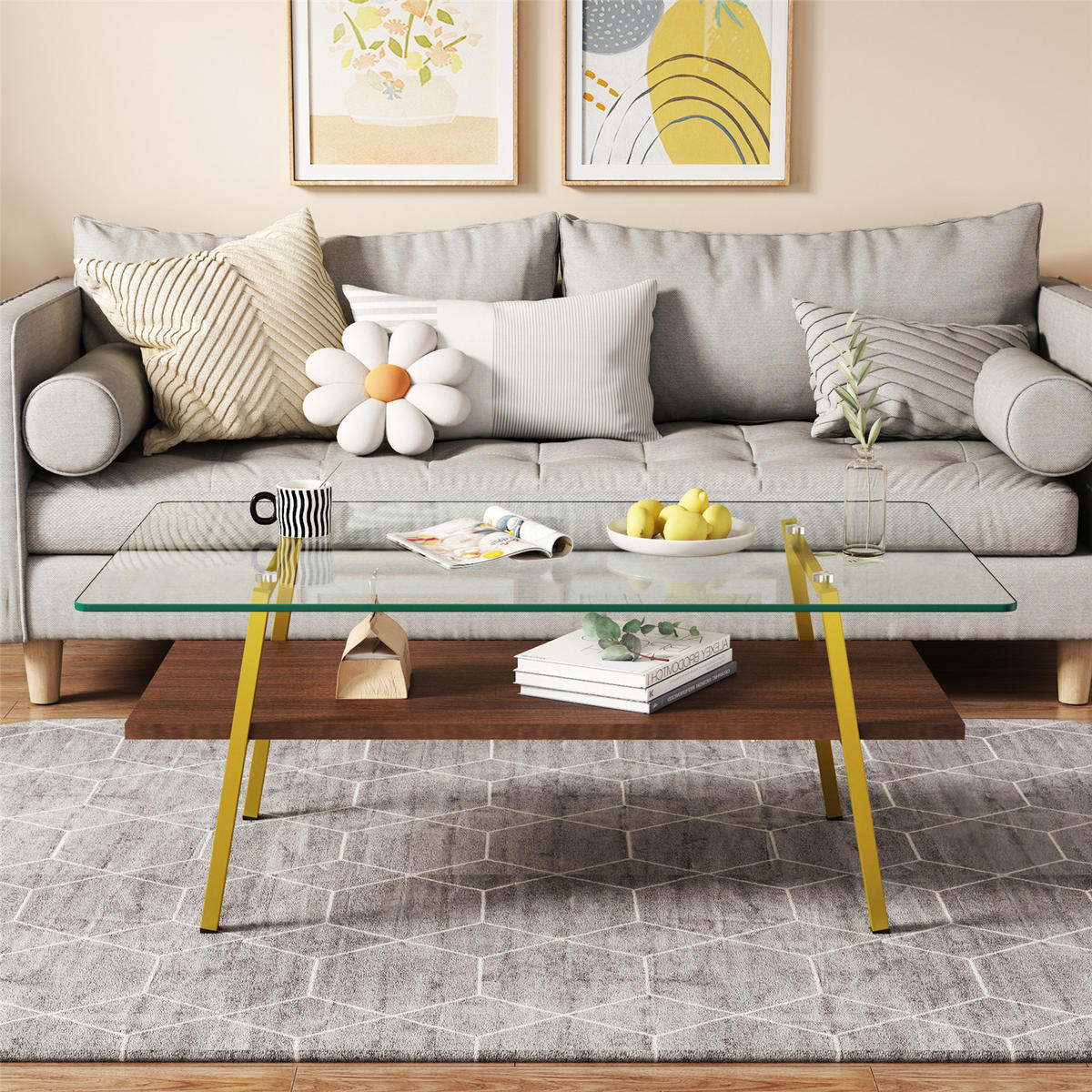 COUCHTISCH Glas Metall Gold Braun 98 cm - Braun, Glas (58/98/42.5cm) - Kaket
