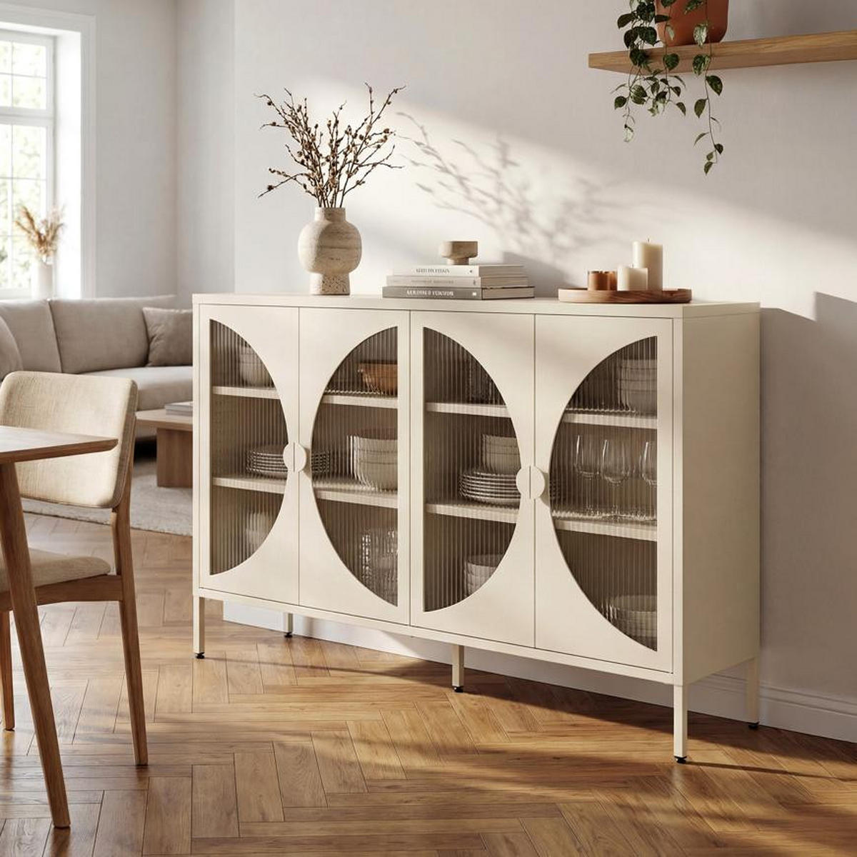 SIDEBOARD Metall 4 Türen Beige und Geriffeltes Glas 140cm ELIO - Beige, Metall (35/90/140cm) - Sicaan