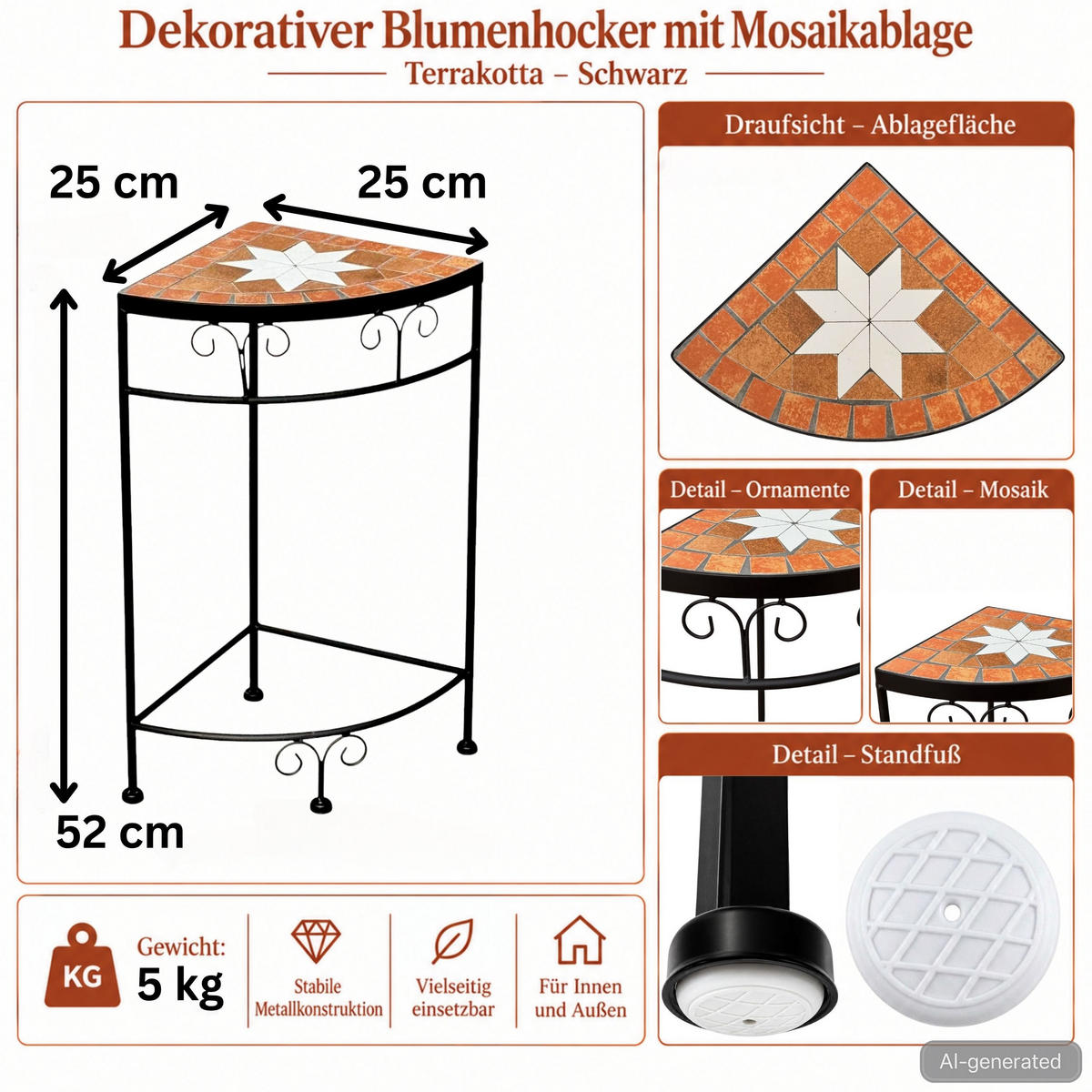 BLUMENHOCKER Ecke mit Mosaik Metall Schwarz/Terrakotta 25/25/52 cm - Schwarz, Metall (25/52/25cm) - DanDiBo