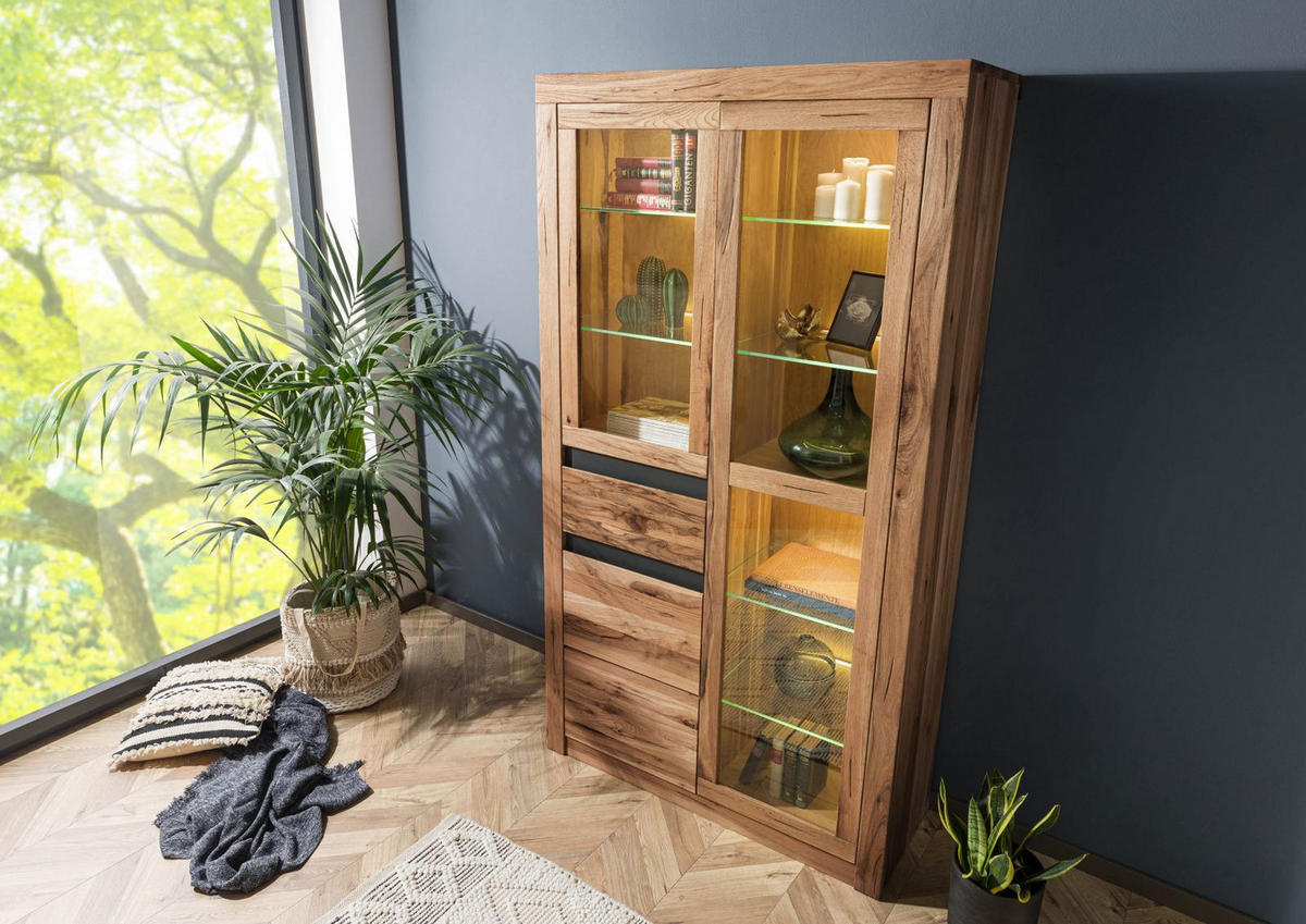 VITRINE Wild-/ Zerreiche 110x42x200 tabacco brown geölt MONTREUX #318 - Braun, Holz (110/200/42cm) - Massivmoebel24