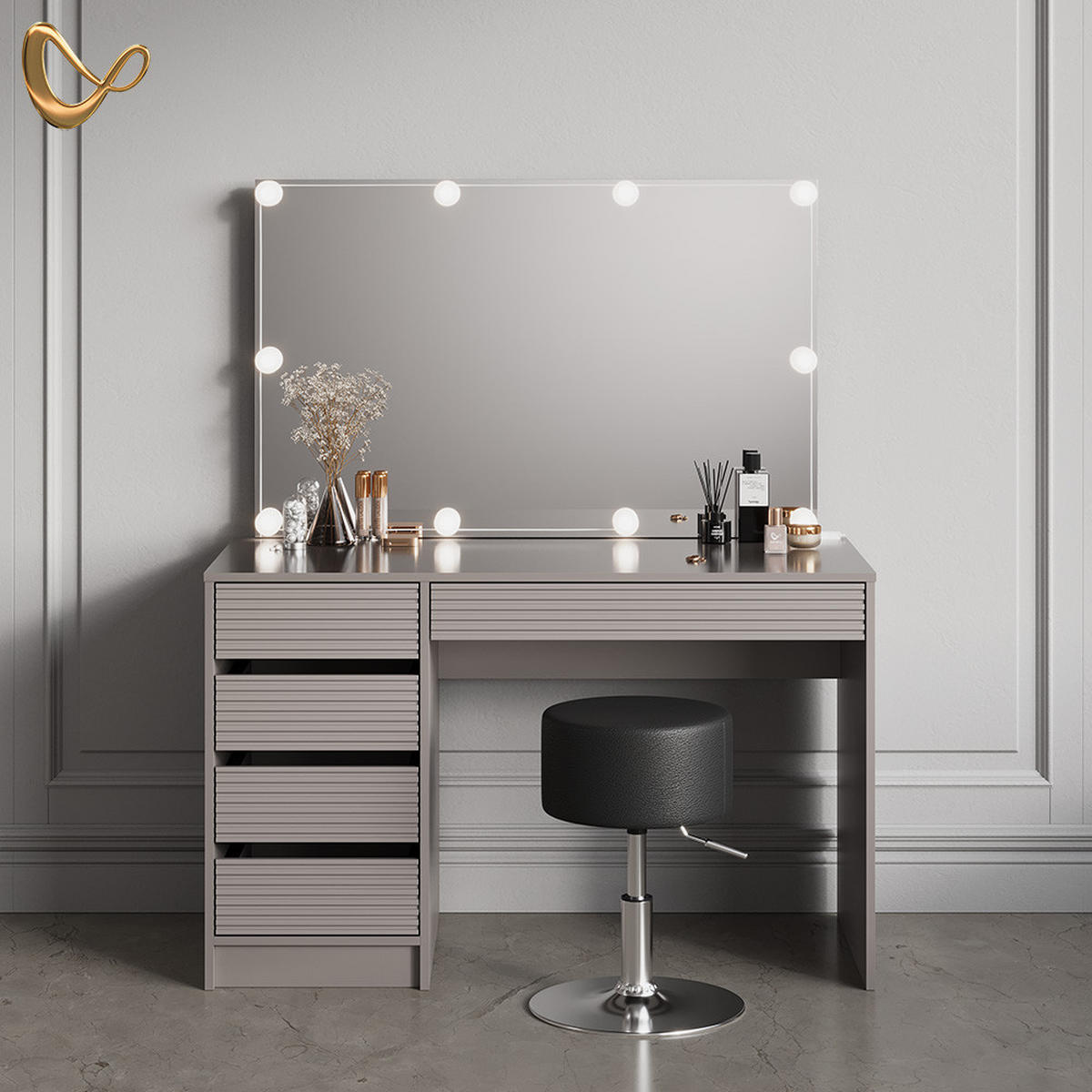 SCHMINKTISCH Imola Cashmere mit LED Beleuchtung und Hocker - Kaschmir, Holzwerkstoff (120/75/55cm) - Livinity®