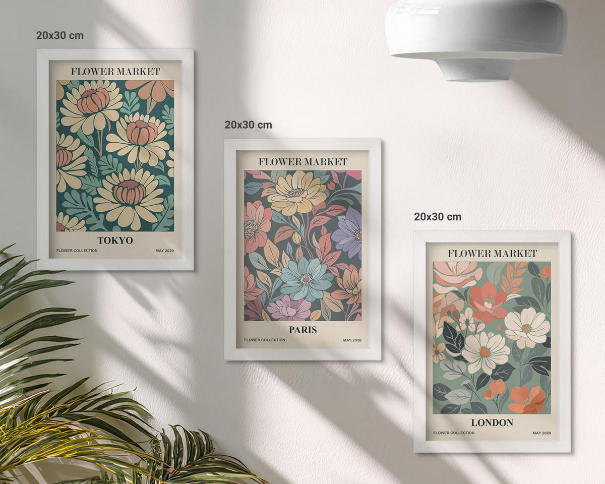 WANDBILDER 3er-Set - 20x30 cm Weißer Rahmen - Blumenposter Tokio Paris London - Weiß, Kunststoff (20/30cm) - ArtPrintCave