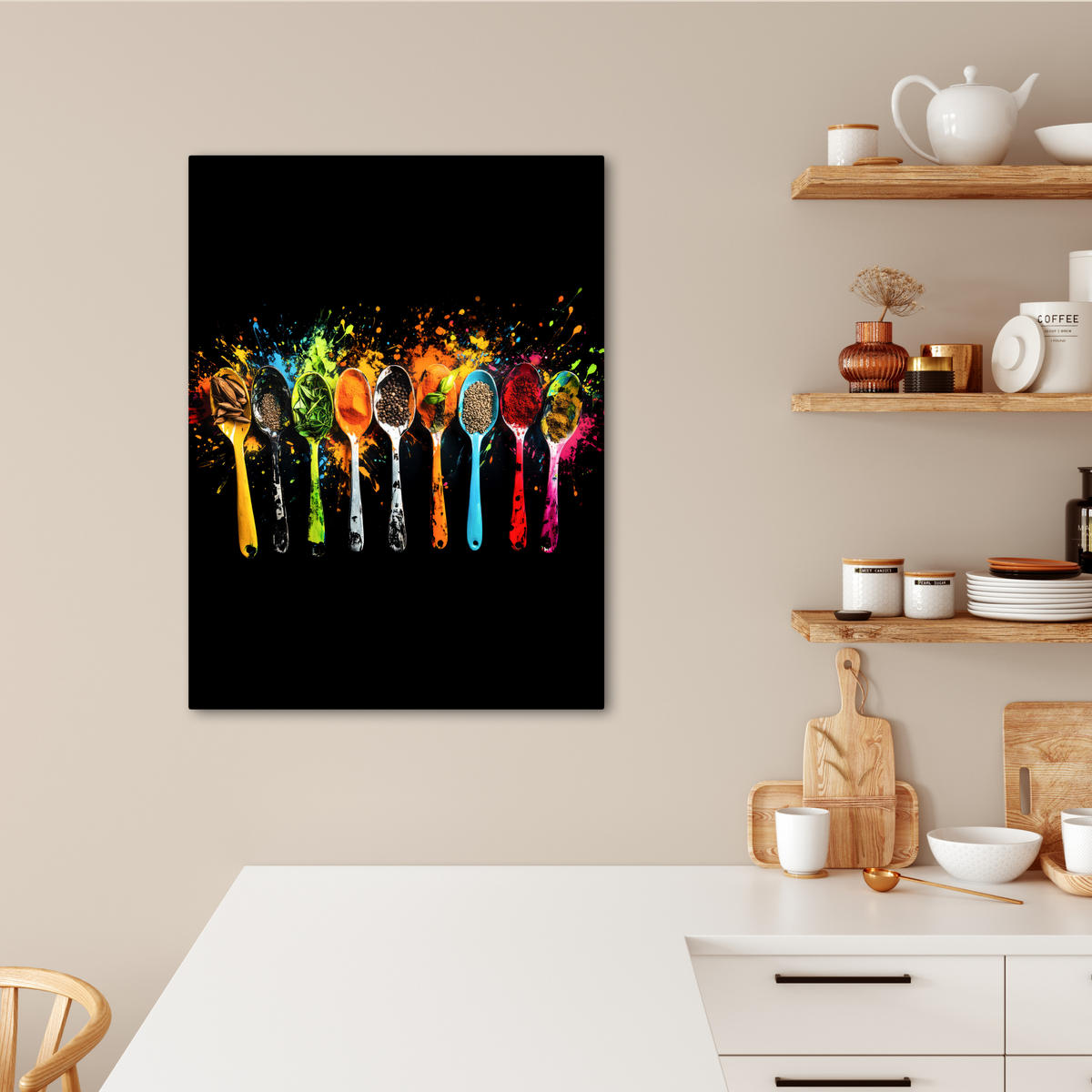 LEINWANDBILD Löffel - Gewürze - Modern - Graffiti - Farbe - Farbenfroh 60x80 cm - Multicolor, Textil (60/80cm) - MuchoWow