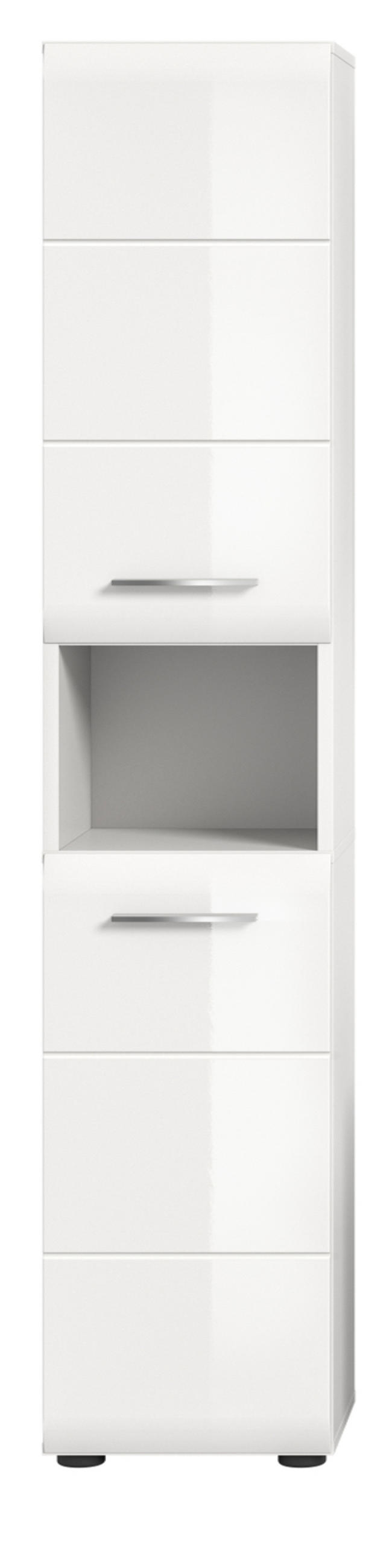 HOCHSCHRANK weiß Hochglanz, Badschrank 30 cm mit viel Stauraum - Weiß Hochglanz/Silberfarben, Holzwerkstoff/Kunststoff (30/185/30cm) - Inn.Furn