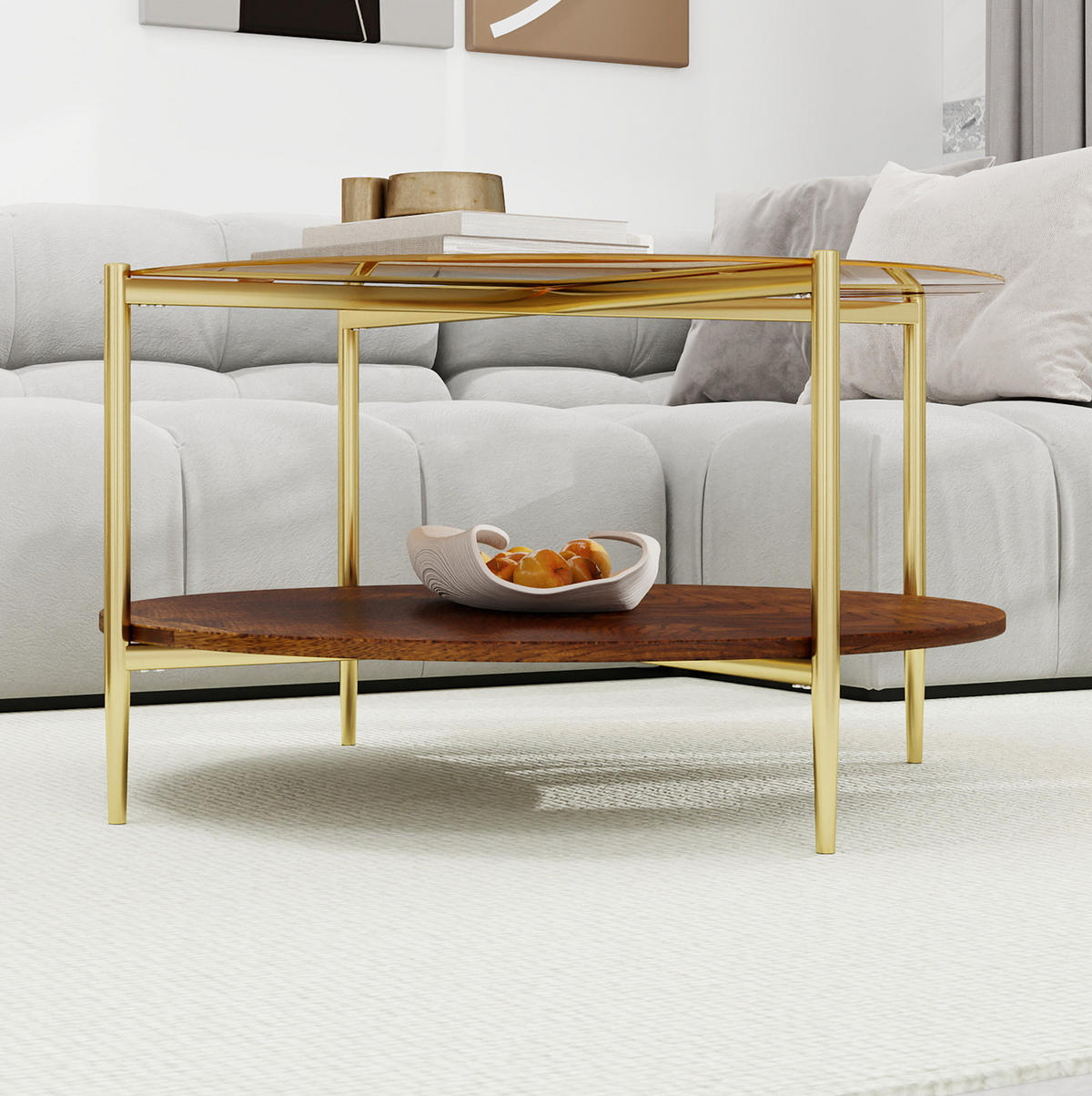 COUCHTISCH aus gehärtetem Glas, Metall und Holz Ø82x45 cm Gold mit Ablagefläche - Goldfarben, Glas (82/82/45cm) - IVMEU