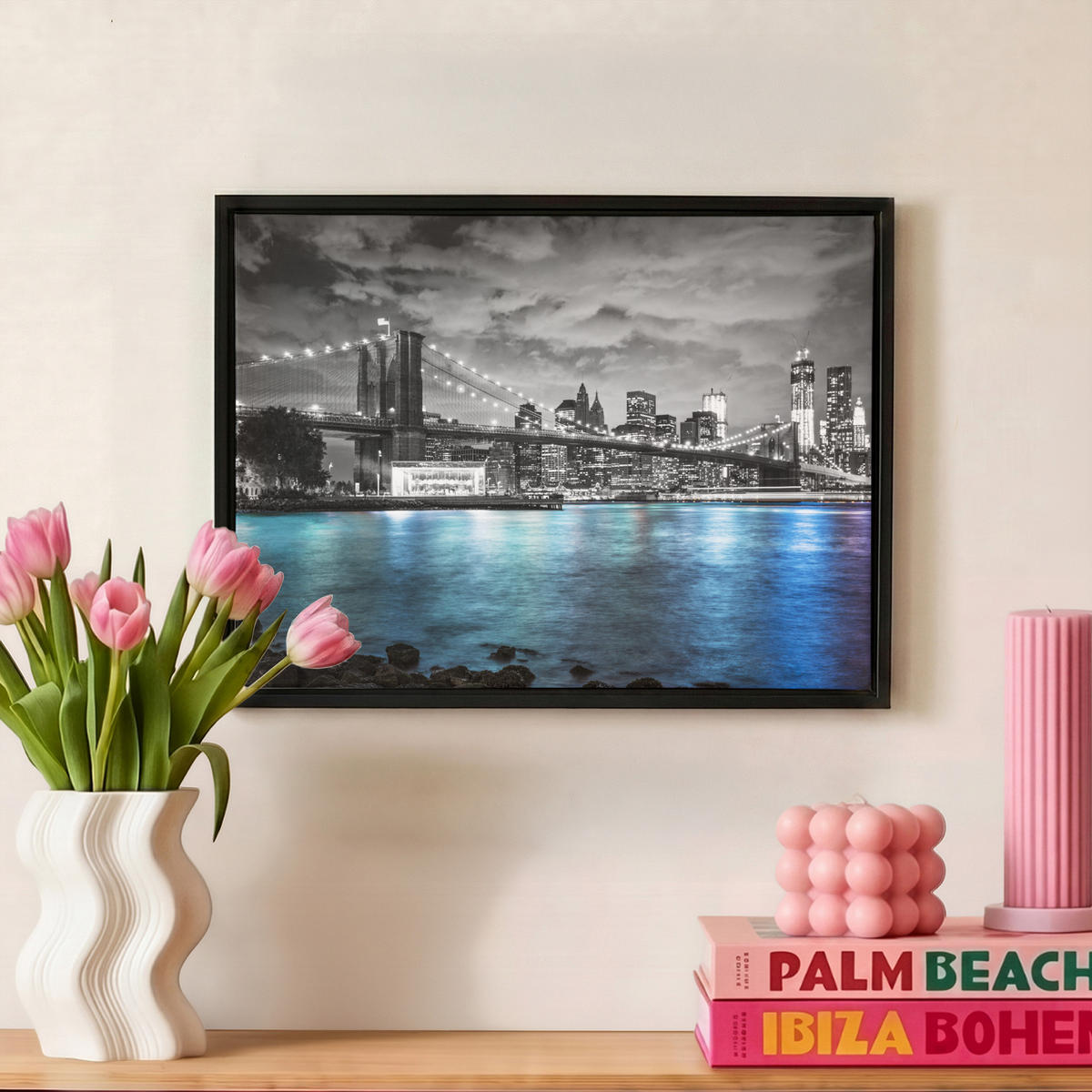 LEINWAND Bilder mit Rahmen - New York - Skyline - Stadt - Blau - 40x30 - Blaugrau, Textil (40/30cm) - MuchoWow