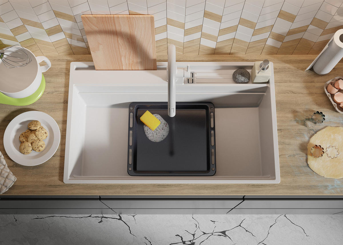 GRANITSPÜLE Oslo Pocket, 2-er set Weiß 88/53 cm 1 Becken + Küchenarmatur 40/20 cm + Ablauf-Set + Küchenzubehörset ab 90er Unterschrank - Chromfarben/Beige, Kunststoff (88/20/53cm) - Primagran