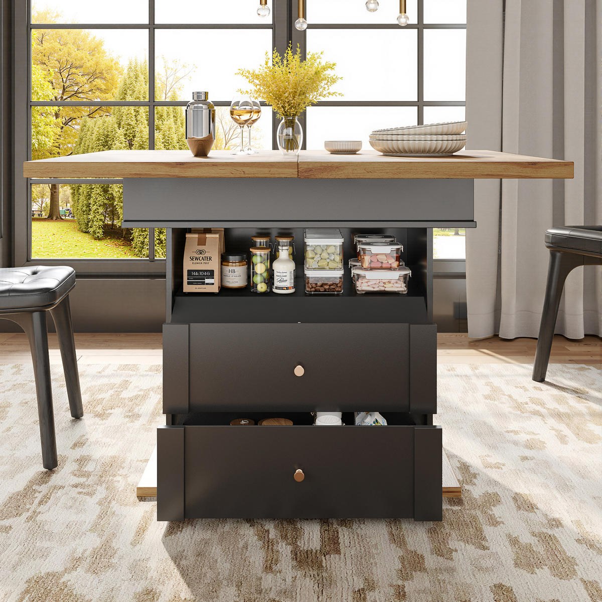 ESSTISCH Ausziehbarer aus MDF mit Stauraum & Klapptür, 110–140/80/75 cm, Schwarz/Natur - Schwarz, Holzwerkstoff (110/80/75cm) - Redom