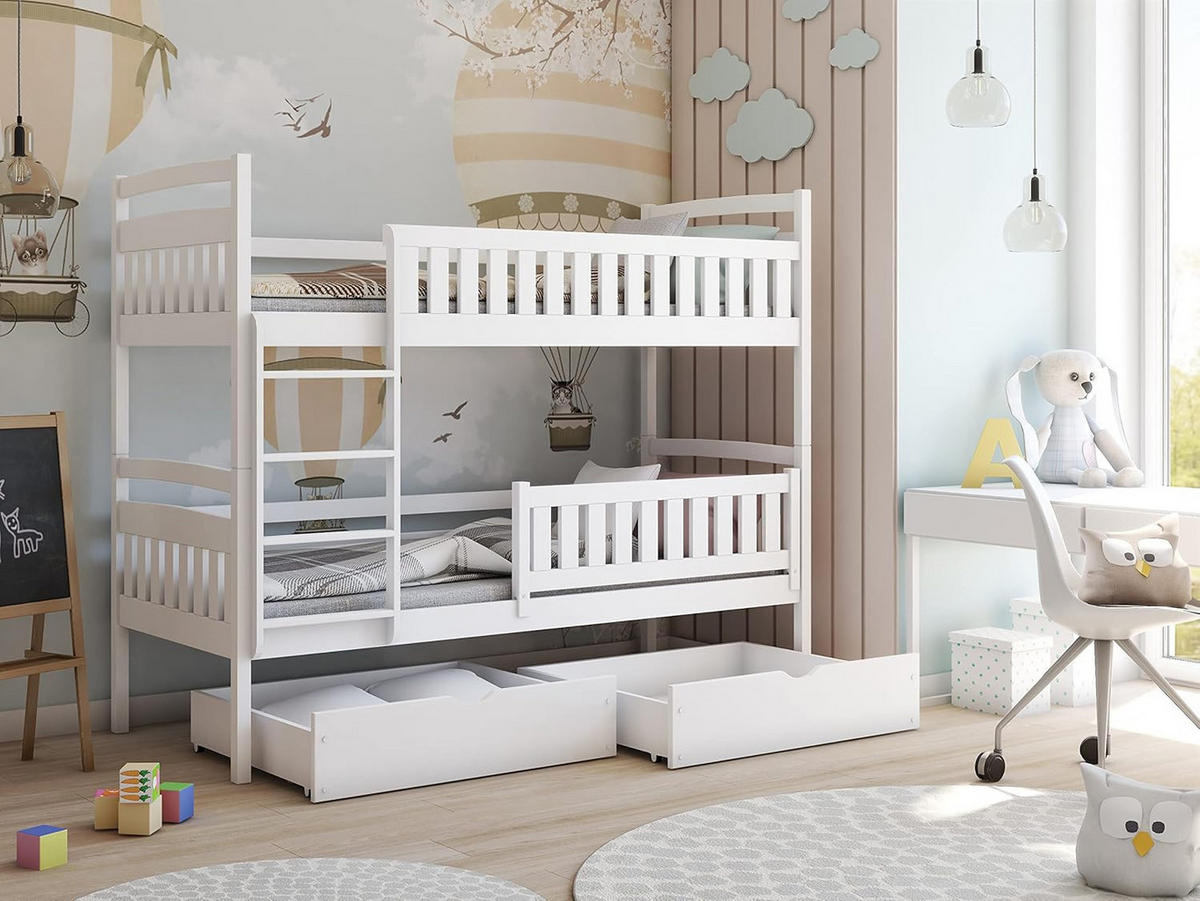 PATROVÁ postel 90 × 200 cm se 2 zásuvkami a 2 matracemi – bílá - bílá, dřevo - Kids Collective
