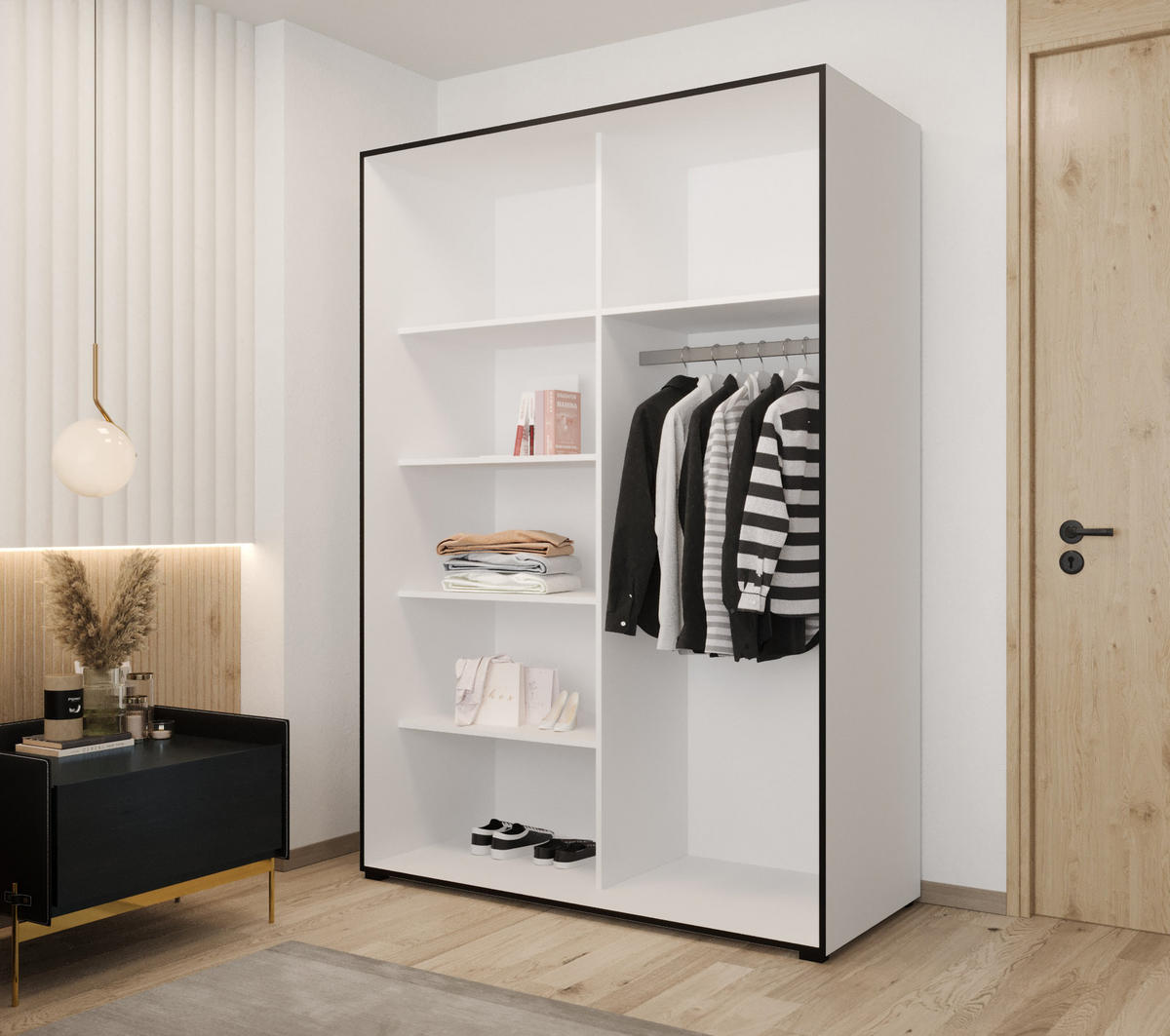 DREHTÜRENSCHRANK MODENA 150, 4-türig Kleiderschrank mit 2 Spiegel, Moderne Garderobe, Schrank in Größe: 150 x 206 x 65 cm - Schwarz/Weiß, Holzwerkstoff (150/206/65cm) - O-Sofa