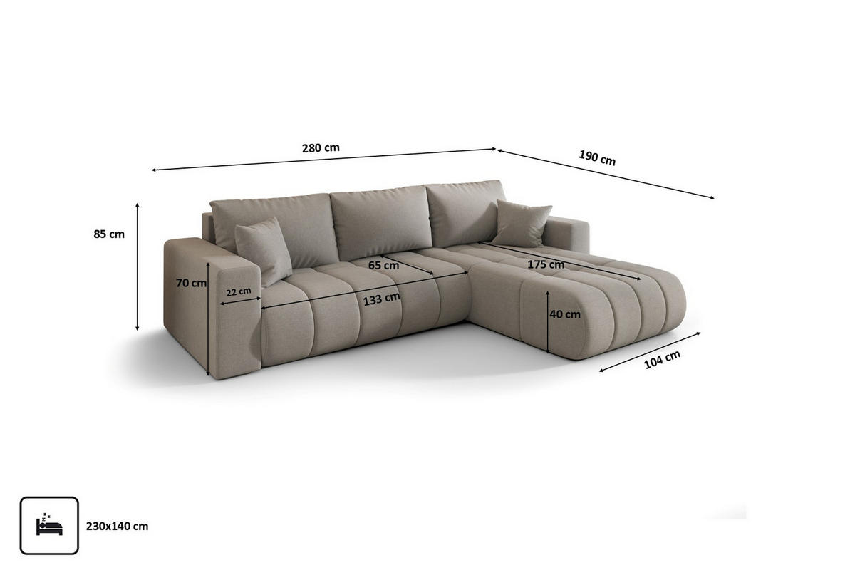 ECKSOFA mit schlaffunktion und bettkasten MILO PREMIUM, stoff WIND, Grau, Rechts - Hellgrau, Holz (280/190cm) - Kaiser Möbel
