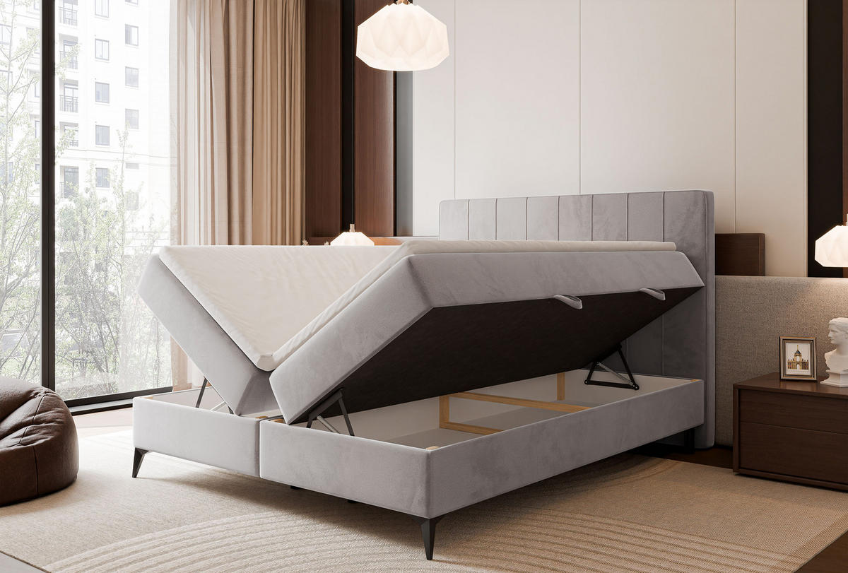BOXBETT VERA 120x200 cm mit Matratze und Topper, Weicher wasserabweisender Samt Grau - Grau, Textil (120/200cm) - Idohome