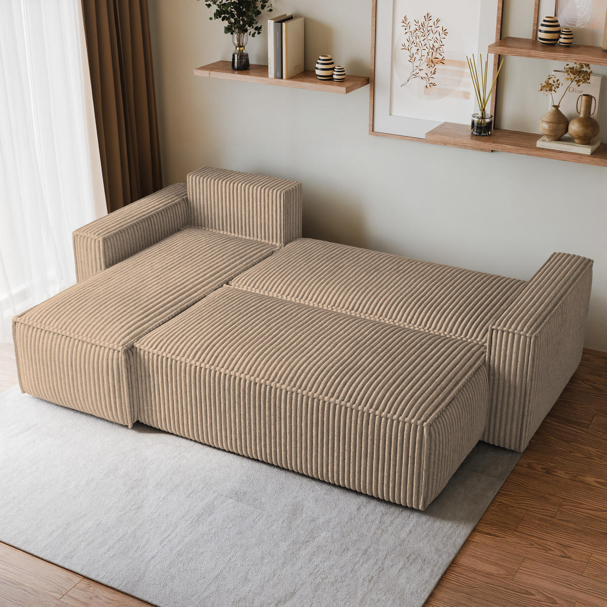 ECKSOFA RAVELO T Beige Kordstoff mit Schlaffunktion - Beige, Holz (240/140cm) - MASSENO