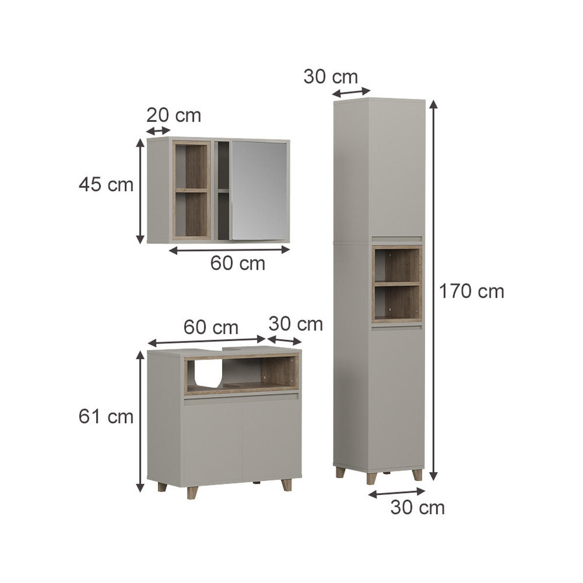 BADMÖBEL-SET Elnor Greige 3 Teile mit Hochschrank - Greige, Holzwerkstoff (60/61/30cm) - Vicco