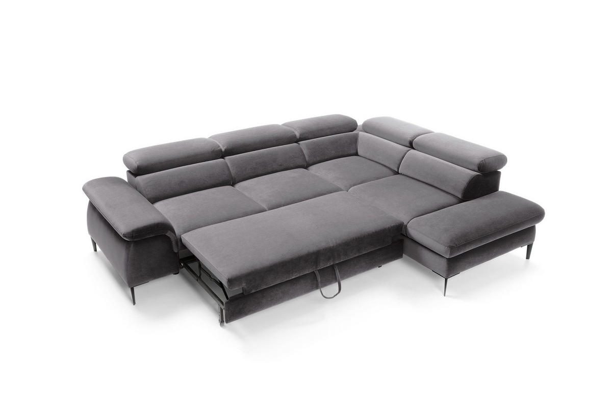 ECKSOFA MESTO Grau Velours-Stoff mit Schlaffunktion - Grau, Holz (280/214cm) - MASSENO