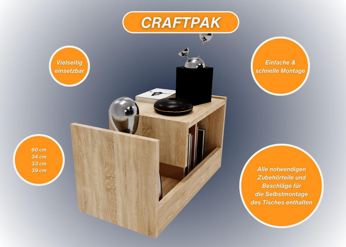 WOHNZIMMERTISCH für Couch 3 mögliche Aufstellmöglichkeiten Sonoma Eiche 33/60/34cm - Sonoma Eiche, Holzwerkstoff (33/60/34cm) - CraftPAK