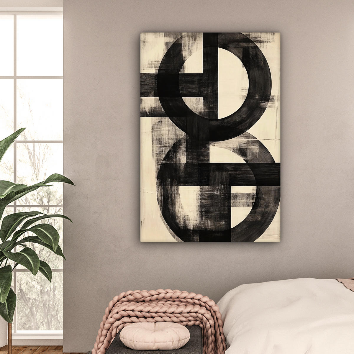 LEINWANDBILD Kreise - Balken - Schwarz - Abstrakt Deko XXL 80x120 cm - Schwarz, Textil (80/120cm) - MuchoWow