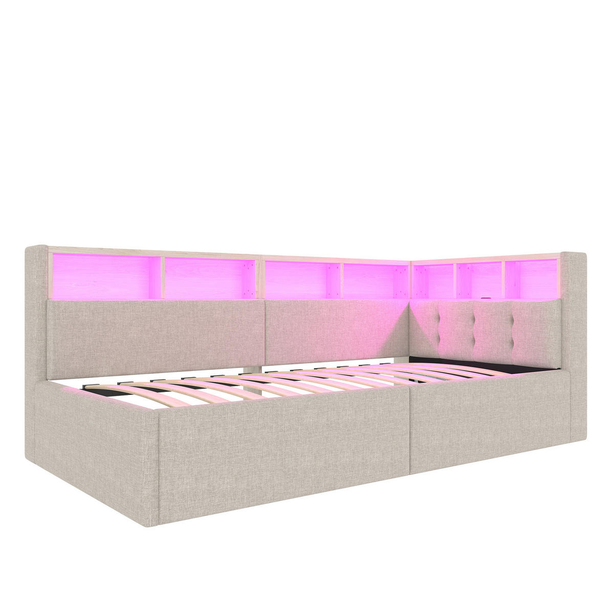 DENNÁ posteľ 90/200 cm béžová z ľanu a MDF s LED osvetlením, úložným priestorom a USB/USB-C - béžová, textil (90/200cm) - OKWISH