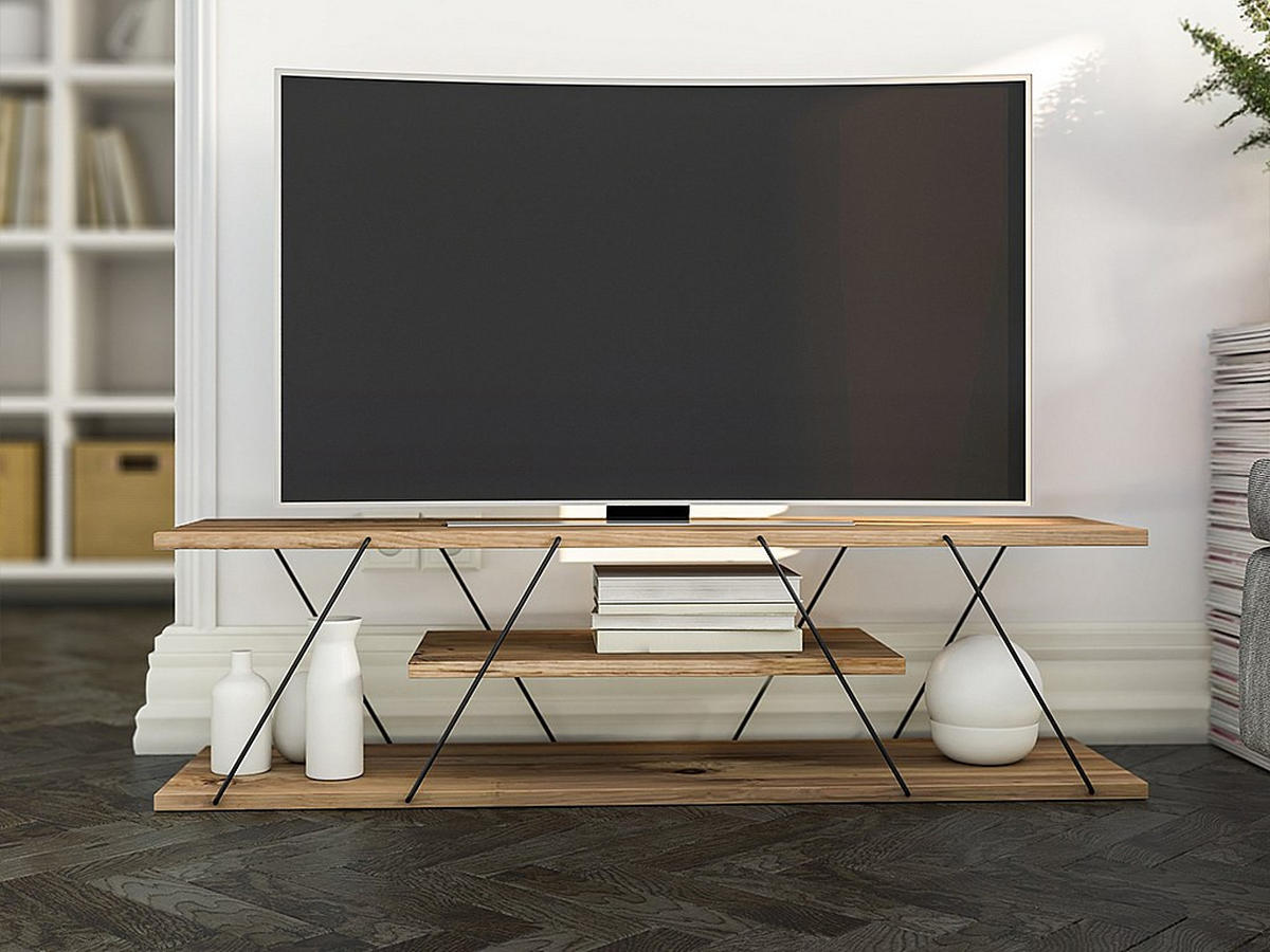 TV-MÖBEL mit 1 Ablage - Naturfarben & Schwarz - DELORY - Naturfarben, Metall (120/33/30cm) - Vente-Unique