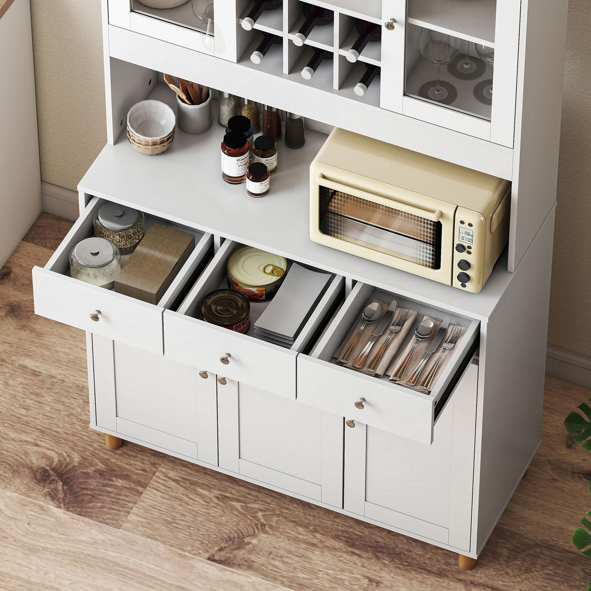 BUFFET DE-08697 180 cm mit Glastüren & Weinregal Weiß - Weiß, Holzwerkstoff (40/180/100cm) - ComfortXL
