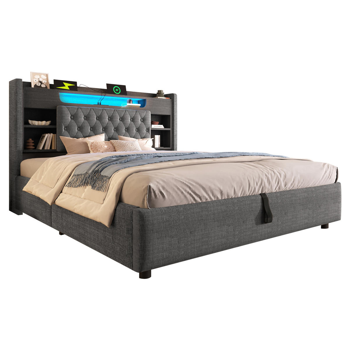 POLSTERBETT 160/200 cm aus Leinen mit LED-Beleuchtung und Bettkasten Grau - Grau, Textil (160/200cm) - Modenvie
