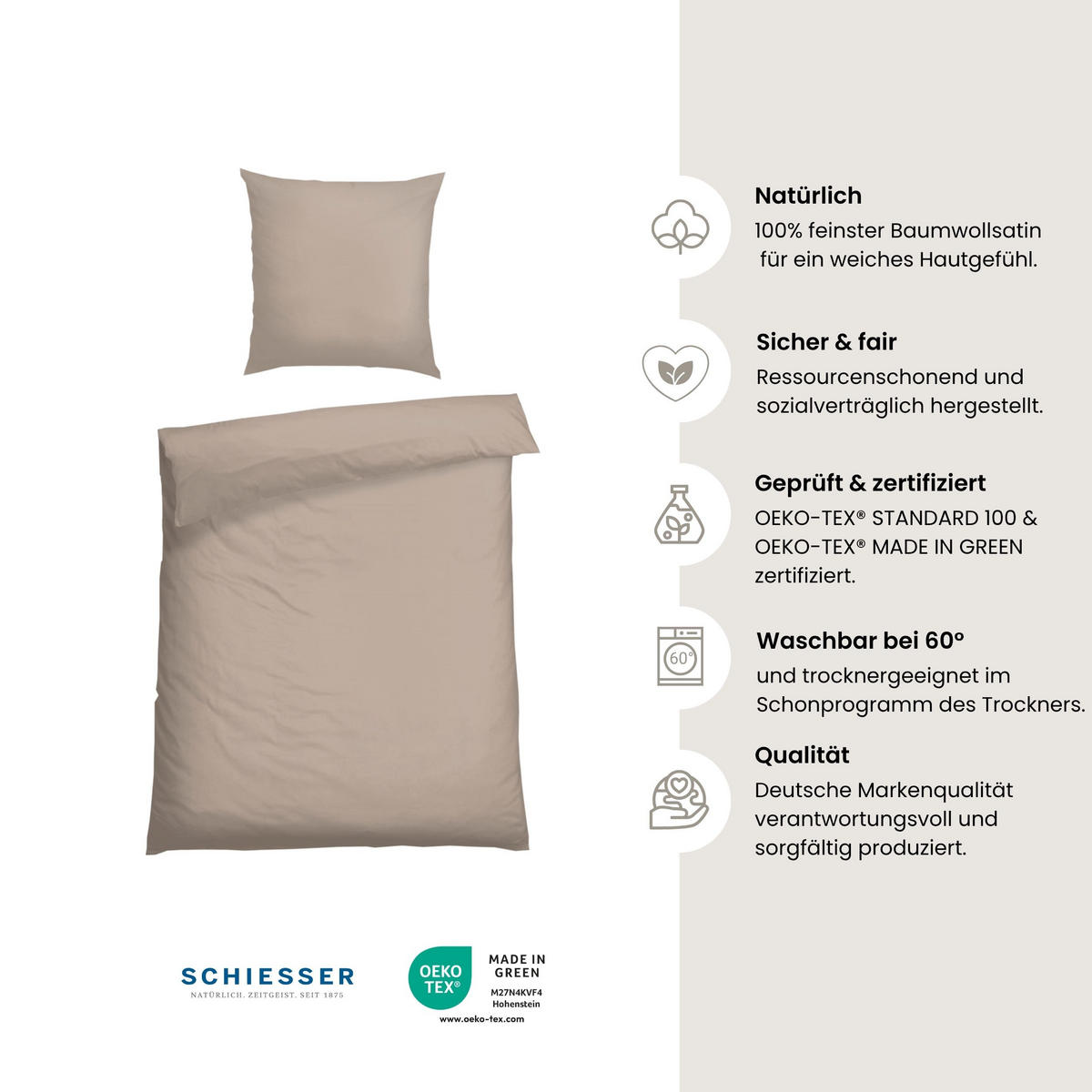 BETTWÄSCHESET Ella - Baumwollsatin - 2-teilig - 155 x 220 cm - Cappuccino - Cappuccino, Textil (155/220cm) - SCHIESSER