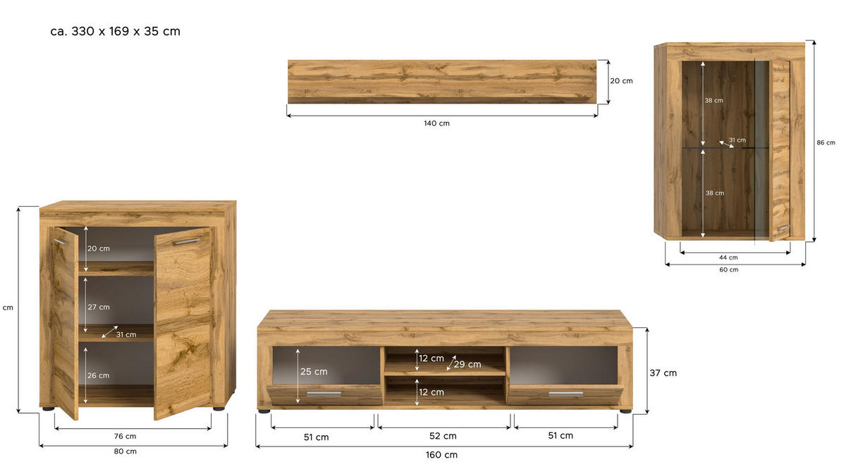 WOHNWAND Milo 4 tlg. (B/H/T: ca. 330/169/40 cm) in Wotan Eiche /Wotan Eiche - Eiche Wotan, Holzwerkstoff (330/169/40cm)