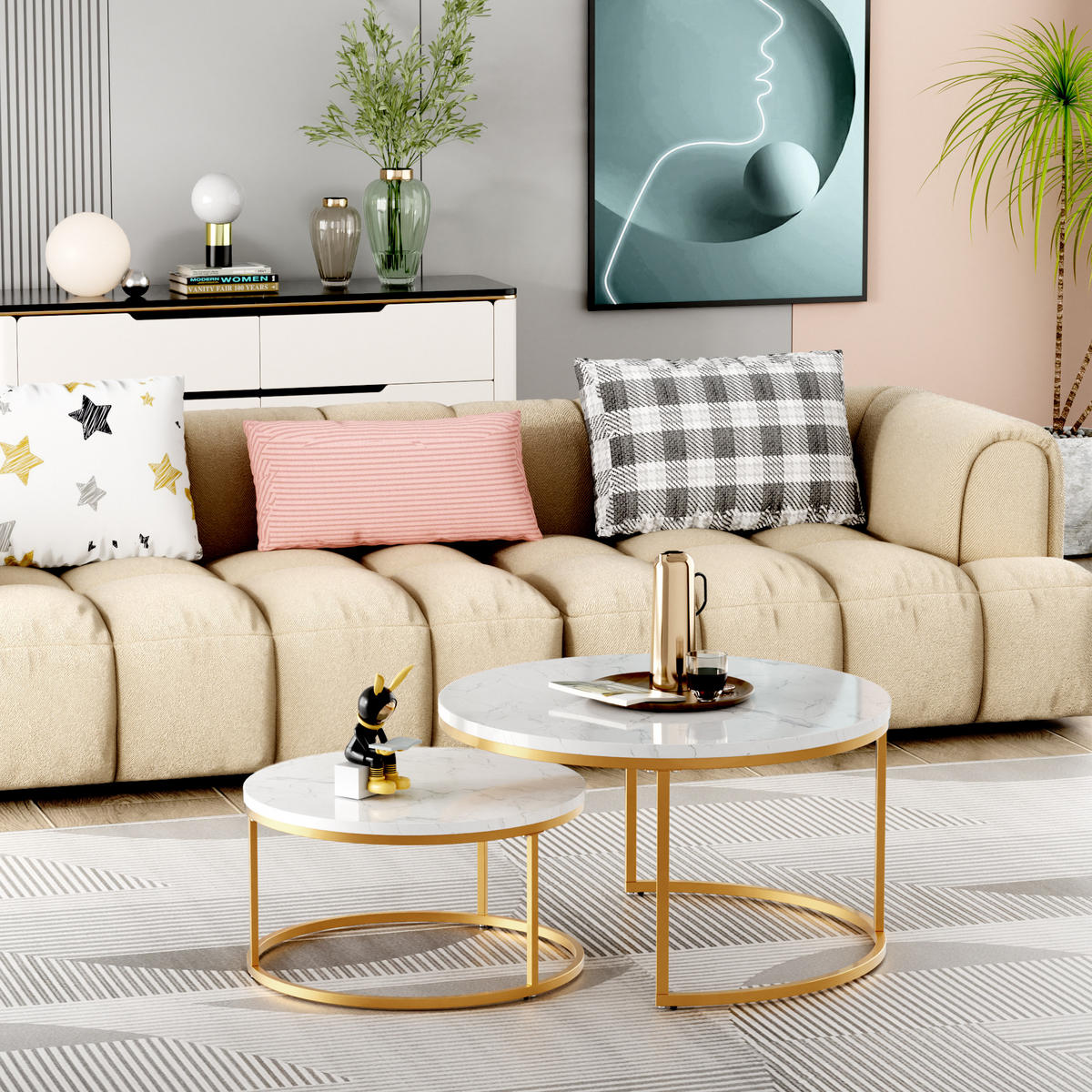 COUCHTISCH-SET mit Marmoreffekt und Metallrahmen Basis, Stapelbarer Beistelltisch Set 80/80/45 cm + 60/60/33,5 cm, Weiß und Gold - Weiß, Holzwerkstoff (80/80/45cm) - Redom