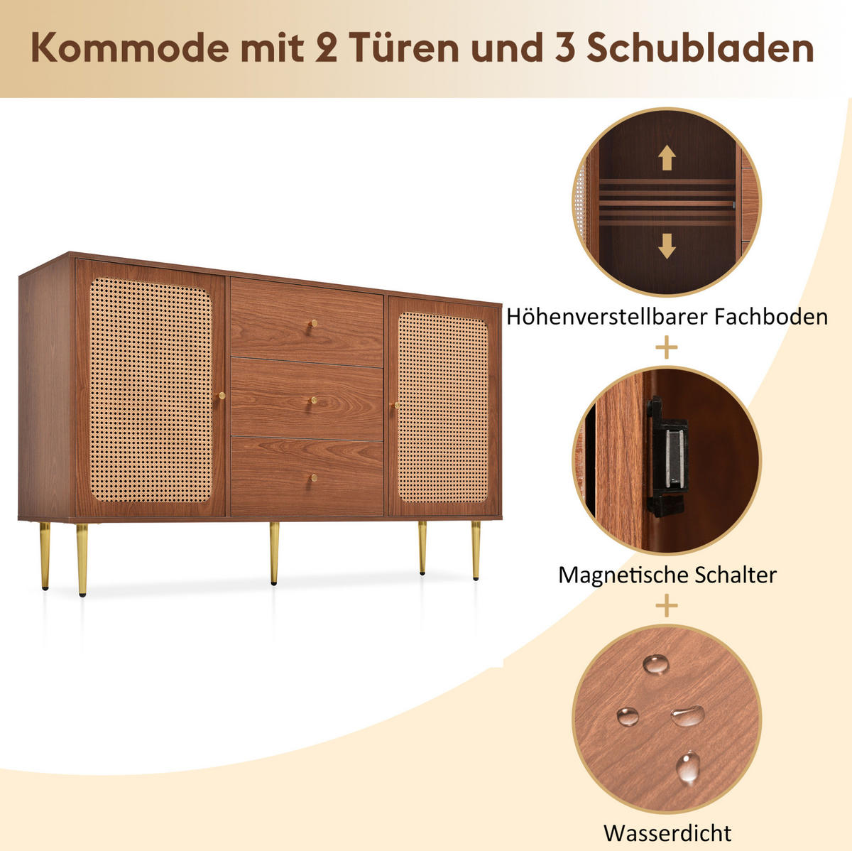 KOMODA z dreva a kovu, 150/40/90 cm, v dekore orecha, s 2 dvierkami a 3 zásuvkami - prírodná farba, kov (150/90/40cm) - BEAOK