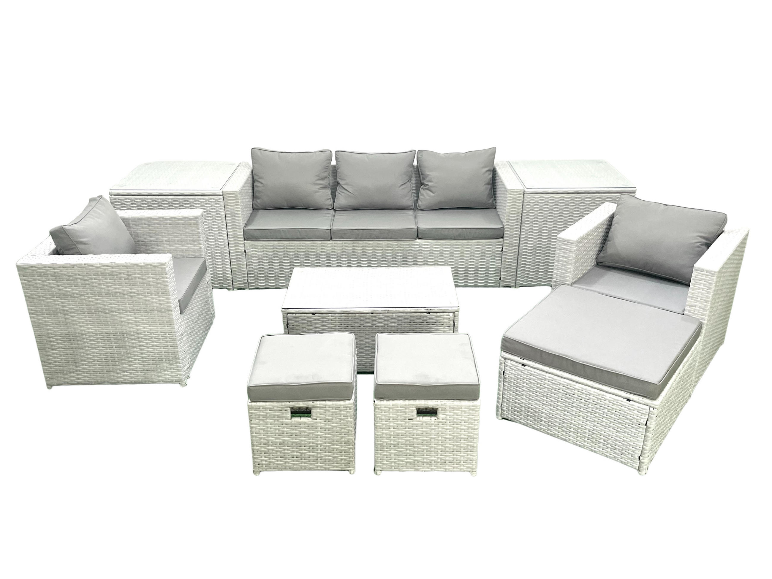 GARTENMÖBELSET mit 3-SITZER SOFA,COUCHTISCH Polyrattan Hellgrau-Mix 8-Sitzer - Hellgrau/Grau, Glas/Kunststoff - Fimous