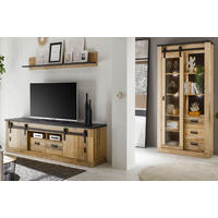 WOHNWAND Used Wood hell, anthrazit, Wohnkombination 3-teilig 314 x 201 cm - Eichefarben/Anthrazit, Holzwerkstoff/Metall (314/201/43cm) - Furn.Design