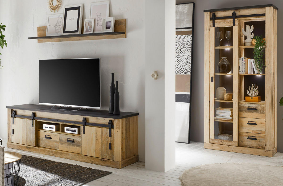 WOHNWAND Used Wood hell, anthrazit, Wohnkombination 3-teilig 314 x 201 cm - Eichefarben/Anthrazit, Holzwerkstoff/Metall (314/201/43cm) - Furn.Design