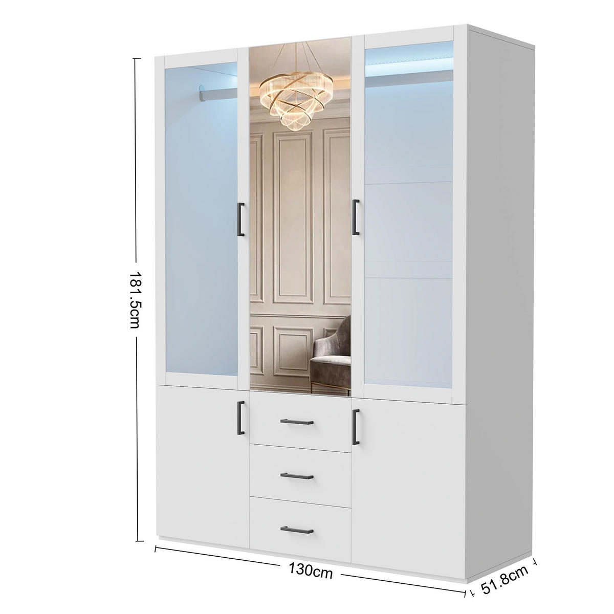 SKŘÍŇ 130cm bílá se zrcadlem a LED osvětlením, 3 zásuvky - bílá, kompozitní dřevo (51.8/181.5/130cm) - SHOPENTRA