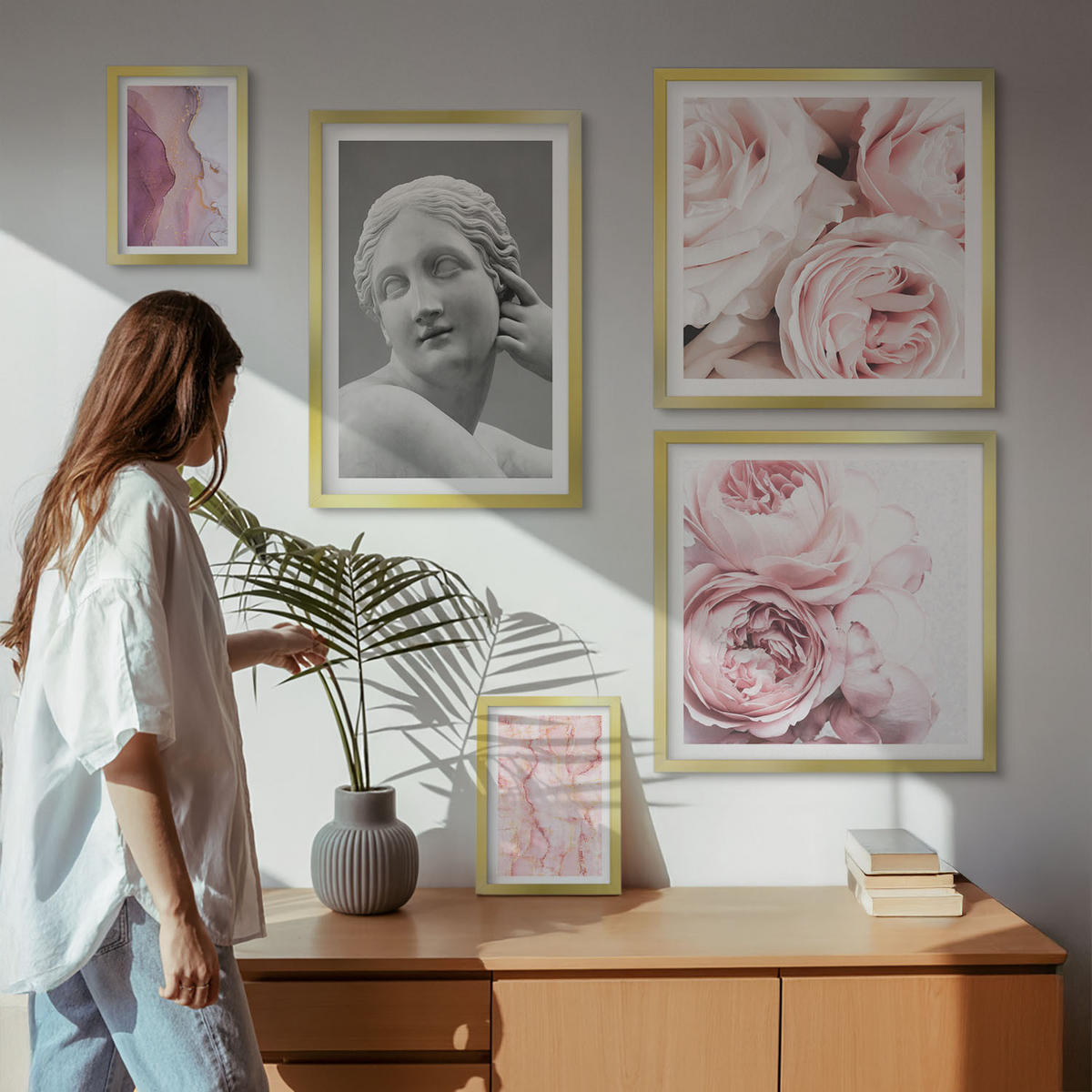 BILDER SET 5er Set - 50x50 cm & 20x30 cm & 40x60 cm Goldrahmen - Pfingstrosenskulptur einer Frau - Goldfarben, Kunststoff (40/60cm) - TULUP