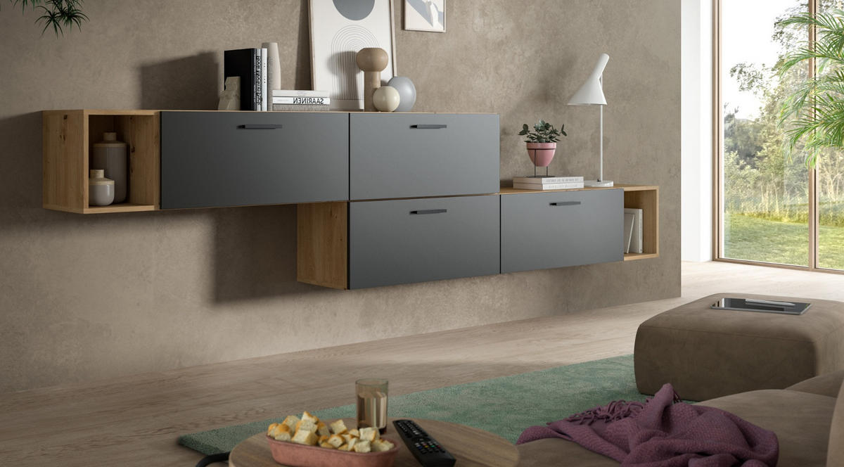 SIDEBOARD grau, Eiche Artisan 277 cm, Kommode mit Soft-Close - Schwarz/Eiche Artisan, Holzwerkstoff/Kunststoff (277/65/34cm) - Inn.Furn