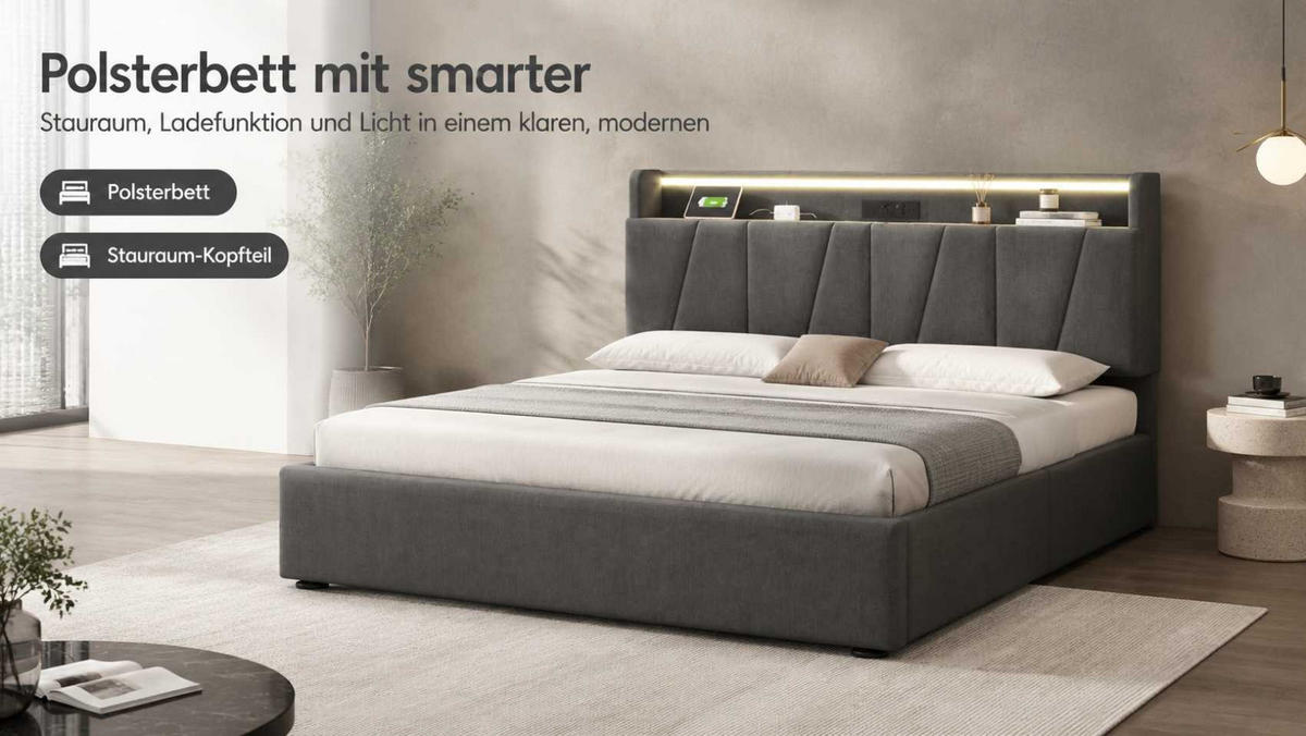 POLSTERBETT 140/200 cm grau mit Stauraum-Kopfteil und LED-Beleuchtung - Grau, Textil (140/200cm) - OKWISH