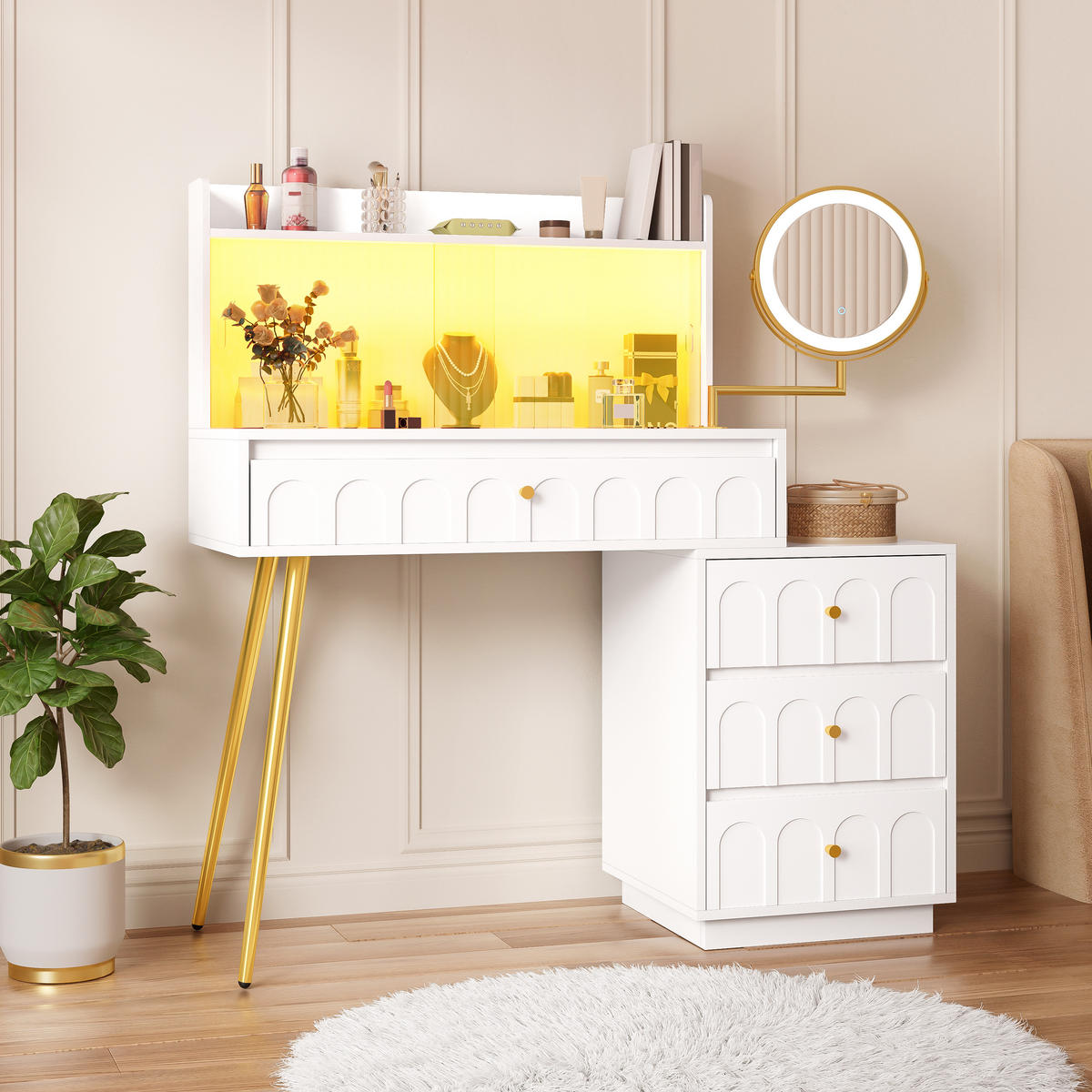 SCHMINKTISCH WEISS mit schwenkbarem LED-Spiegel und Glasschiebetüren 112x40x116 cm - Weiß, Holzwerkstoff (40/116/112cm) - Bomclap