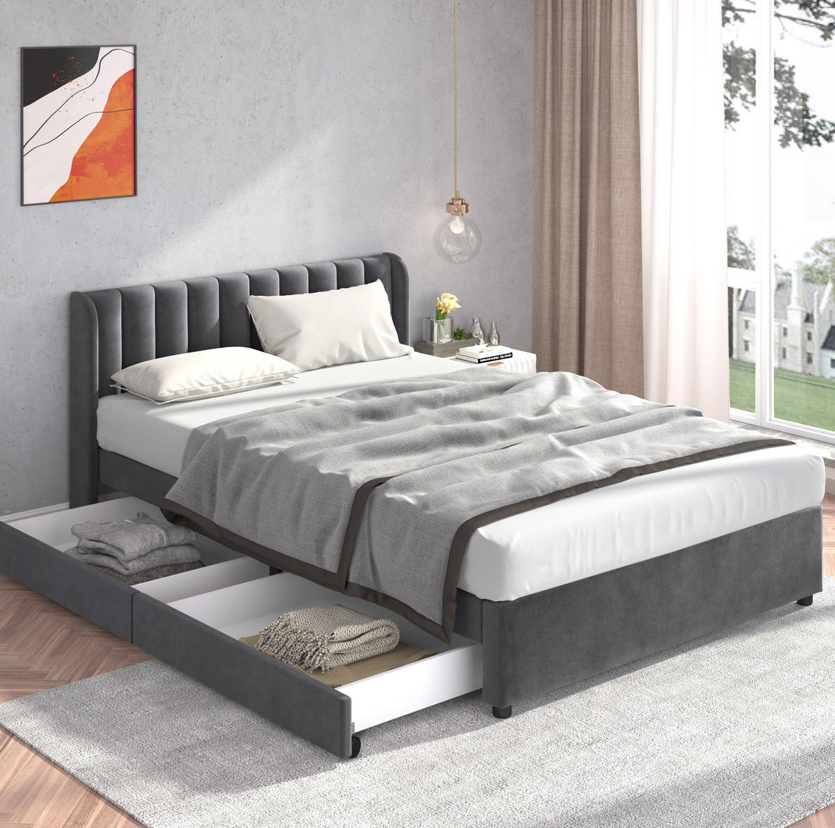 POLSTERBETT aus Samt 140x200 cm Grau mit Lattenrost, hohem Kopfteil und 2 Schubladen - Grau, Textil (140/200cm) - IVMEU