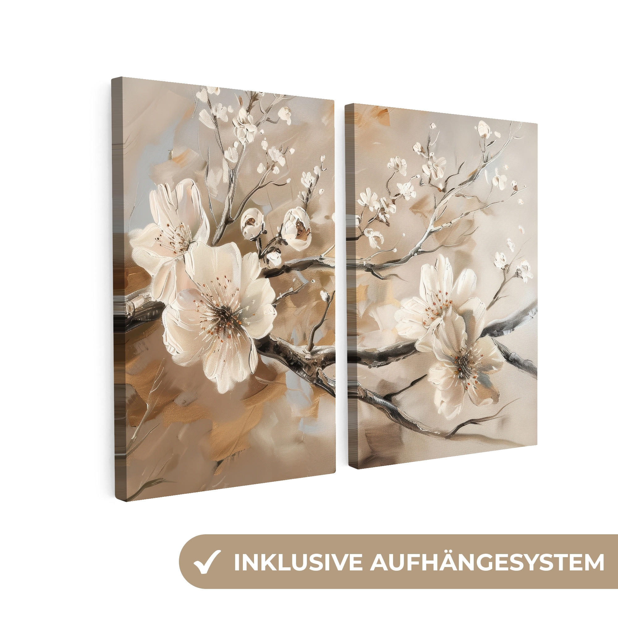 OBRAZ NA PLÁTNĚ 2dílná sada Květina - Béžová - Abstraktní - Květiny 80x60 cm - světle hnědá, textil (80/60cm) - MuchoWow