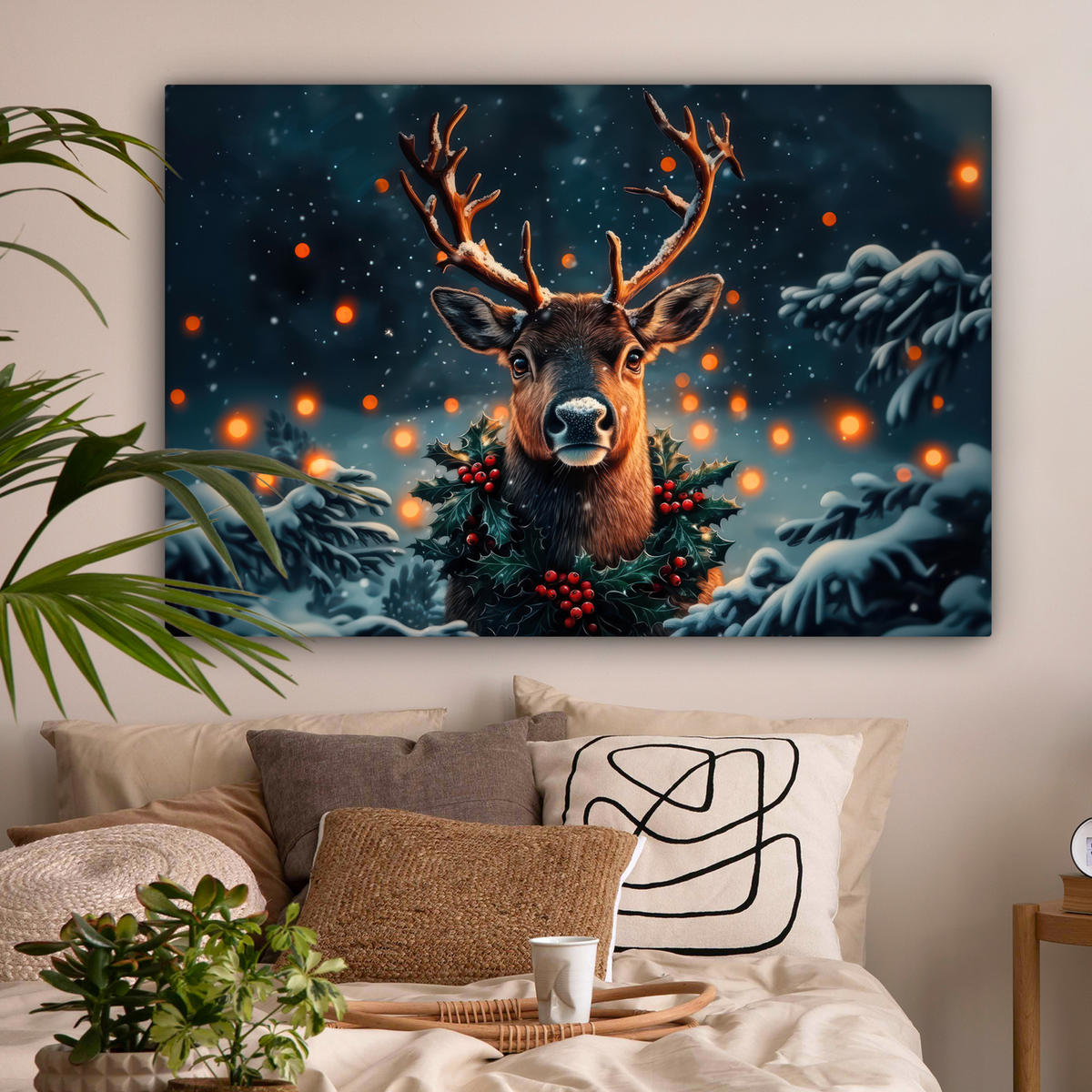 LEINWANDBILD Hirsch - Weihnachten - Winter - Schnee - Weihnachtskranz XXL 150x100 cm - Dunkelbraun, Textil (150/100cm) - MuchoWow