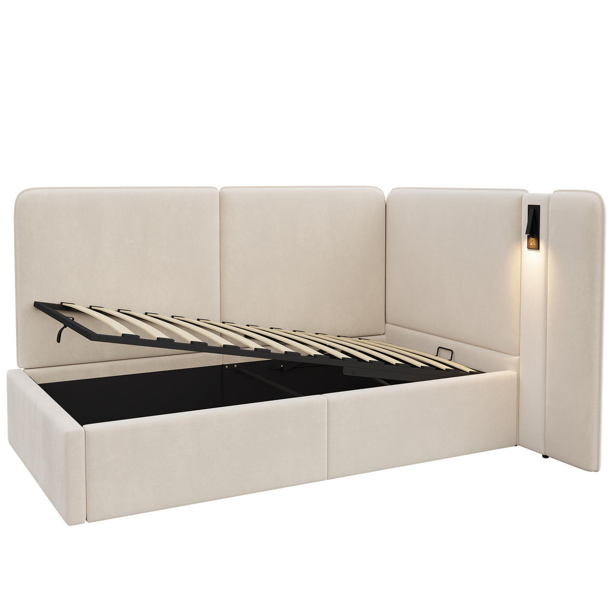 TAGESBETT 90/200 cm aus Samt mit hydraulischem Stauraum, USB-C-Anschluss und Leselampe Beige - Beige, Textil (90/200cm) - Modenvie