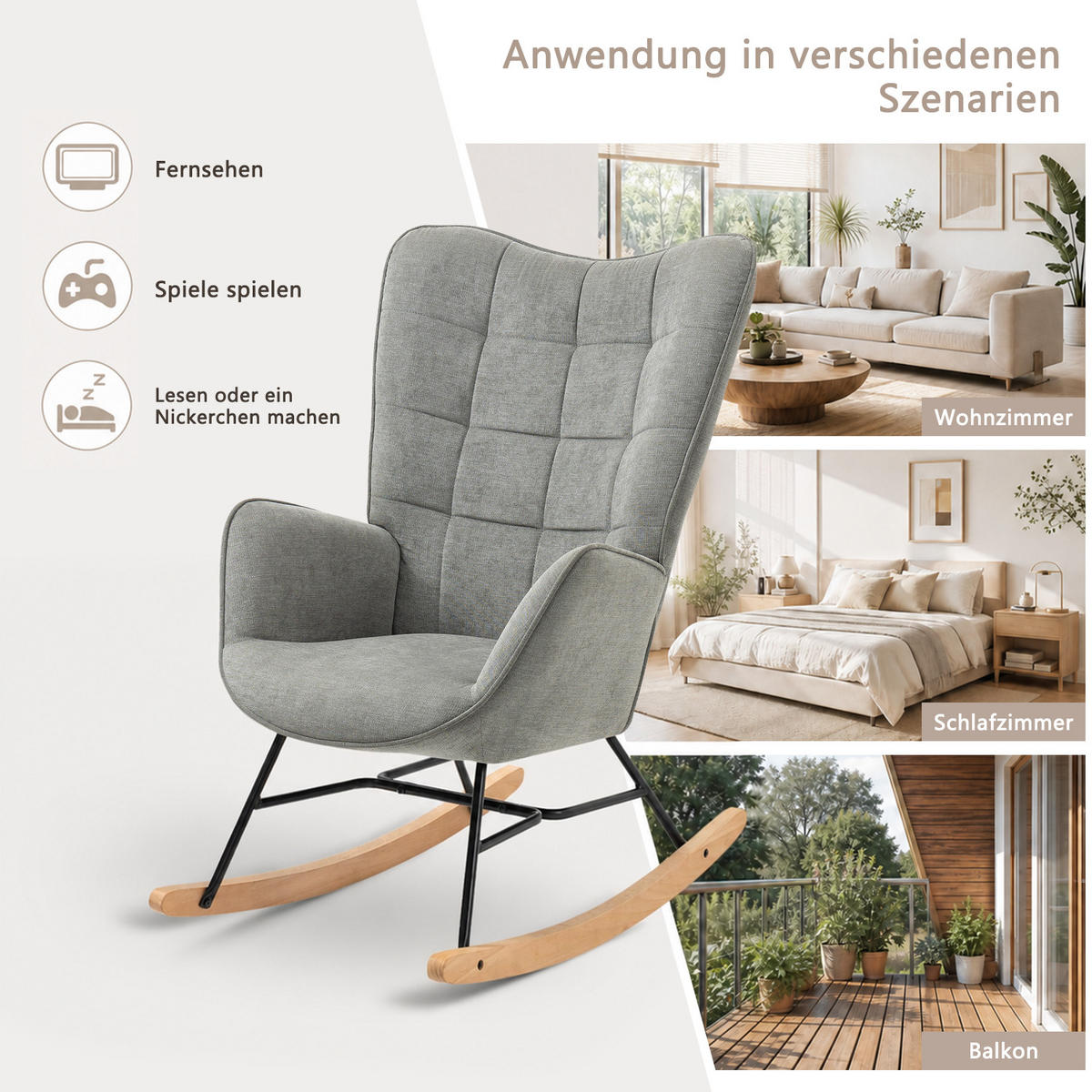 RELAXSESSEL für den Garten mit Schaukelfunktion, Ergonomische Sitzfläche aus weichem Stoff, Grau - Grau, Holz/Textil (66/97/84cm) - Meubles Cosy