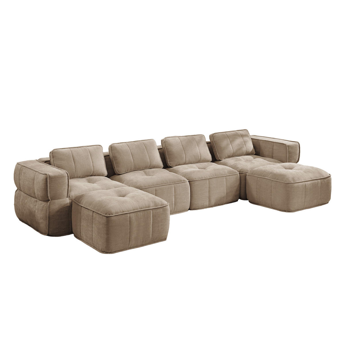 CANAPEA 4 LOCURI cu 2 taburete, minimalist, Poliester-nisipiu - nisipiu, material textil (162/67/344cm) - KOMHTOM