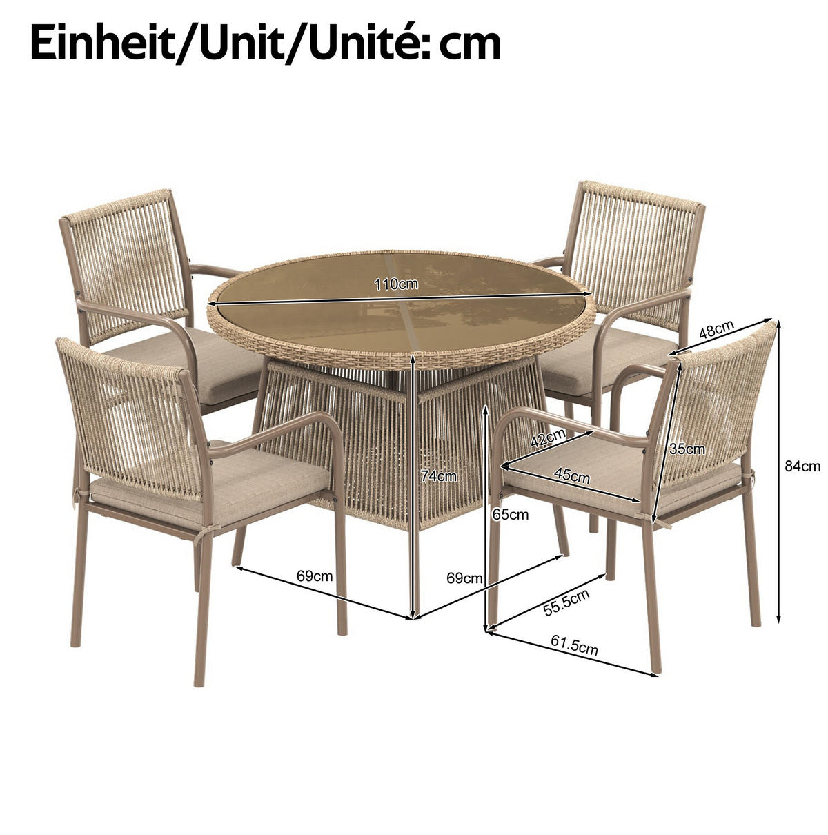 GARTENMÖBEL-SET 110/110/74 cm mit rundem Glastisch, 4 Sesseln und Sitzkissen, Braun - Braun, Metall - Redom