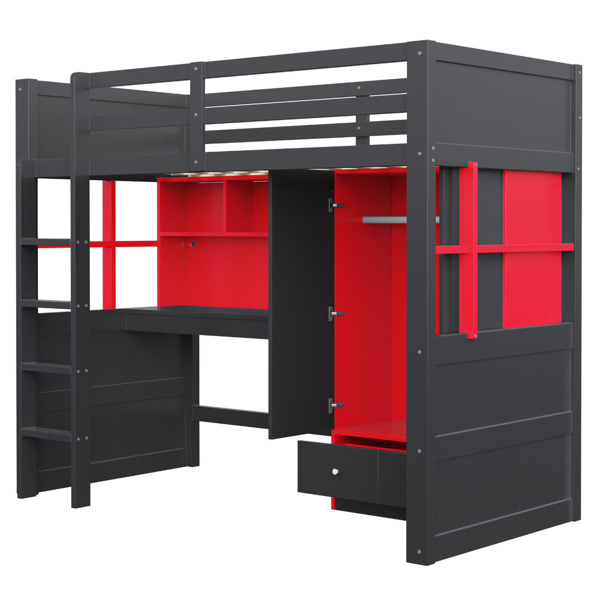HOCHBETT 90/200 cm Schwarz-Rot mit LED, Lattenrost und Massivholz - Schwarz, Holz (90/200cm) - MIVRAY