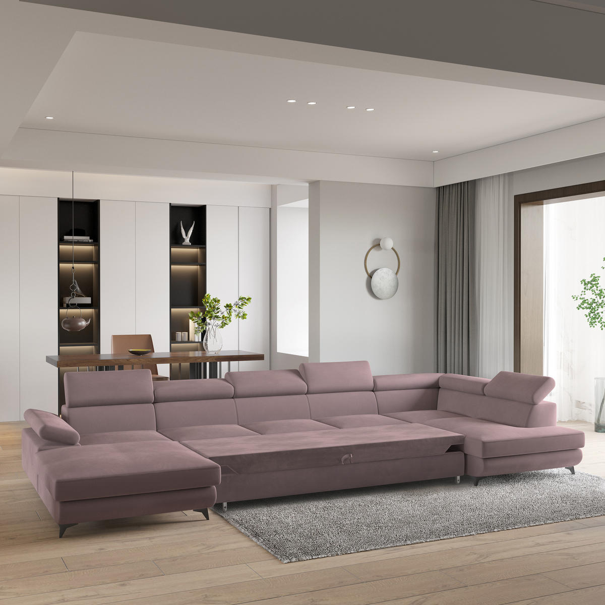 WOHNLANDSCHAFT MONTIVA Lila Velours-Stoff mit Schlaffunktion - Lila, Holz (410/89/190cm) - MASSENO