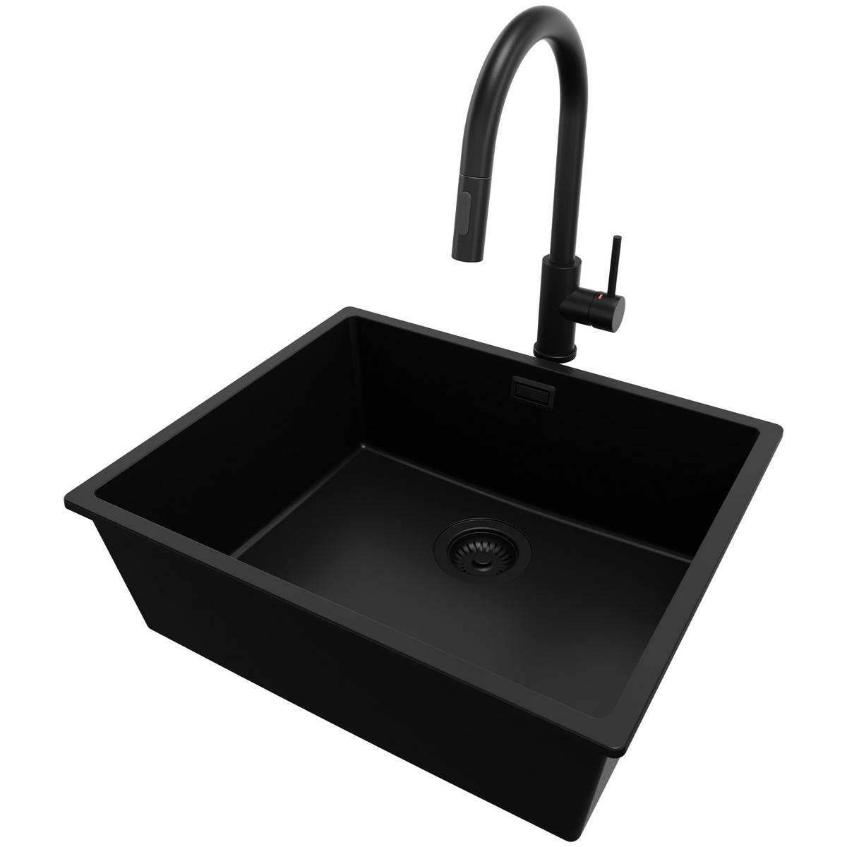 GRANITSPÜLE London Slim, 2-er set Alles Schwarz 56/47 cm 1 Becken + Küchenarmatur 40/20 cm + Ablauf-Set ab 60er Unterschrank - Schwarz, Kunststoff (56/20/47cm) - Primagran